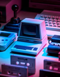 Retro PC, cassettes, joystick, keyboard.