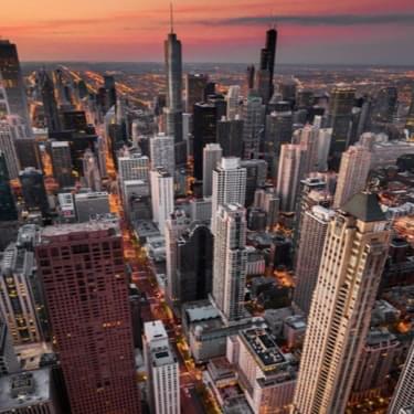 Cityscapes in sunset from above.